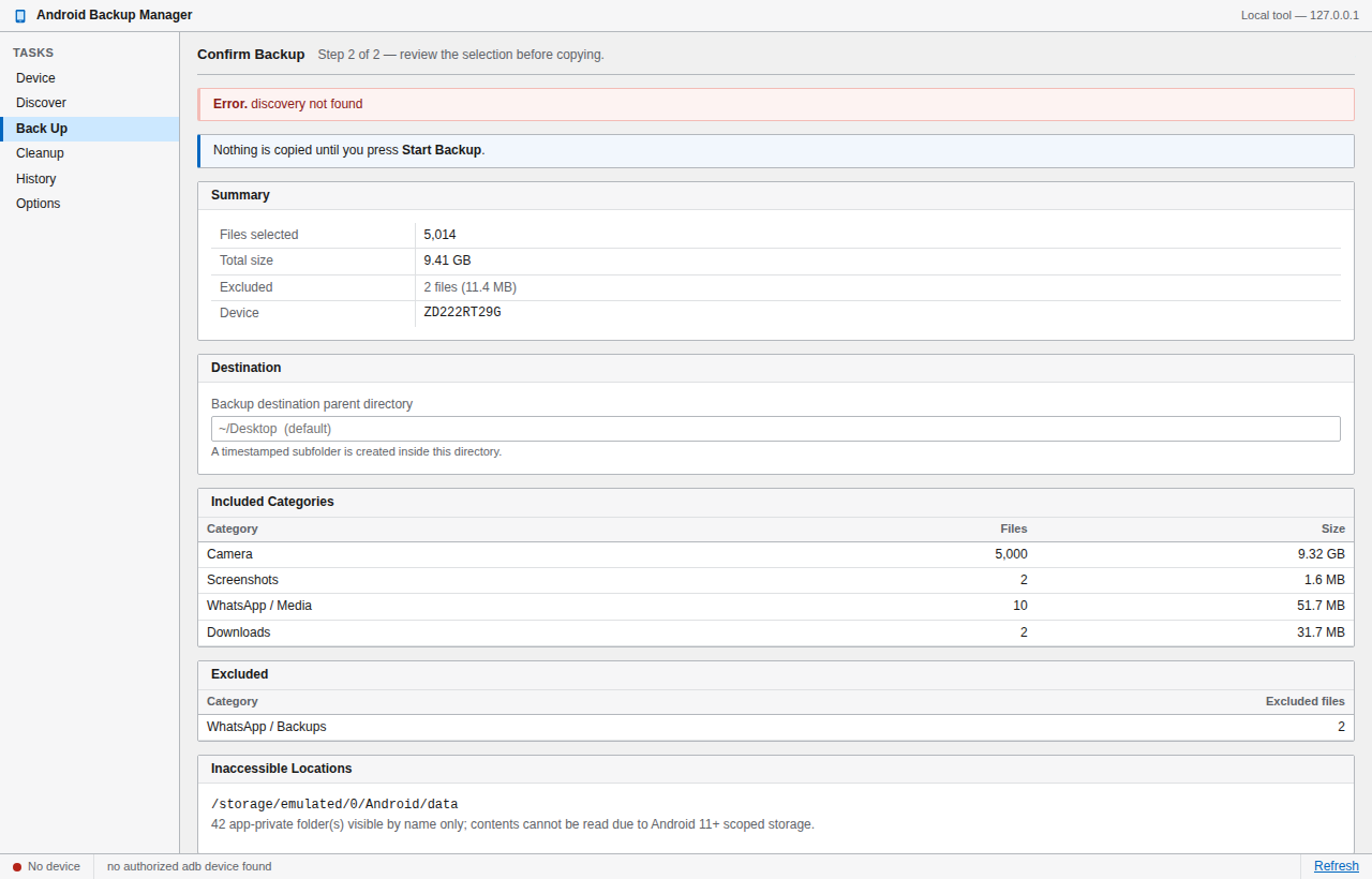 The confirmation screen listing files selected, total size, destination folder and which categories are included or excluded.